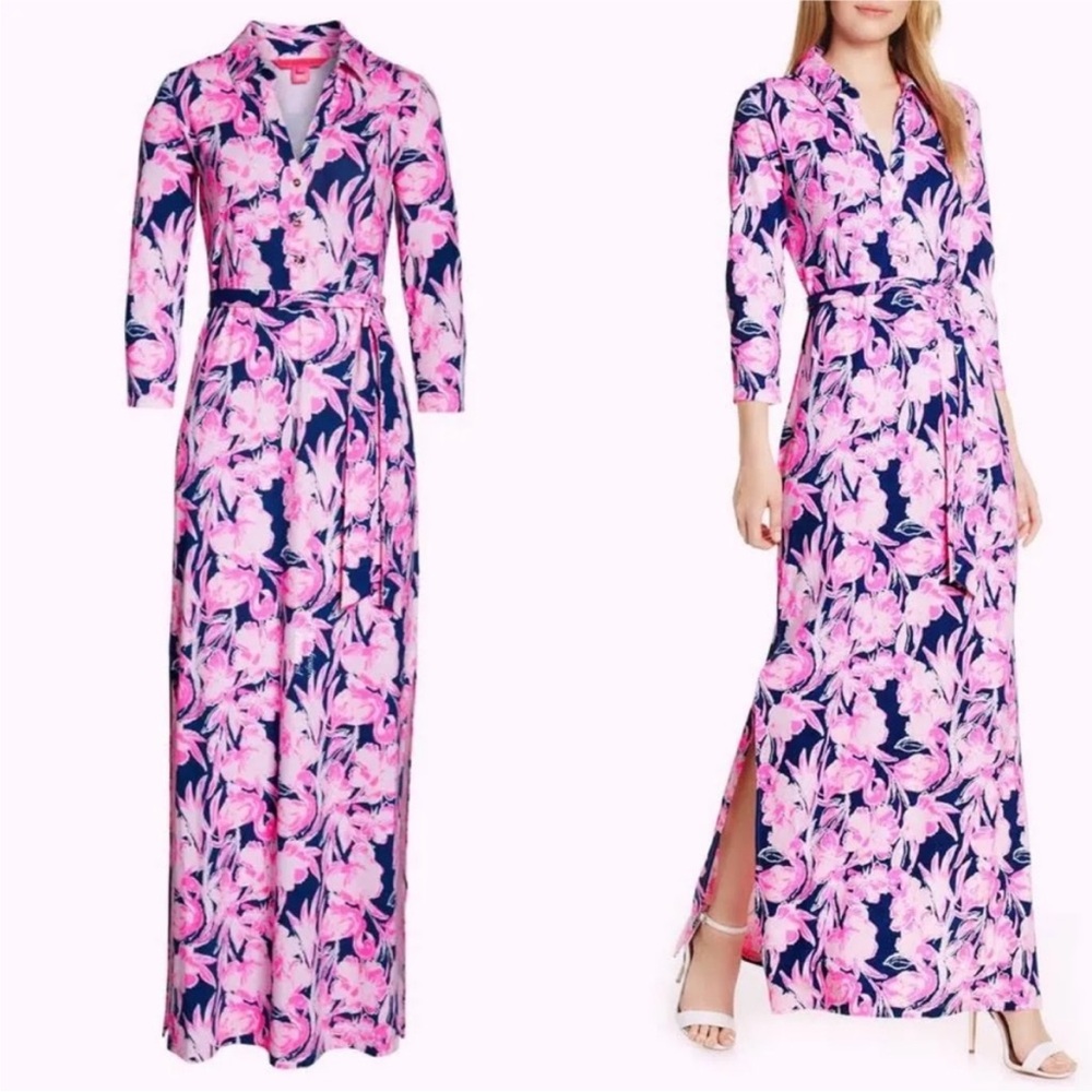 Lilly Pulitzer Holloway Long Sleeve Collared Maxi Dress Inky Navy Flamingle